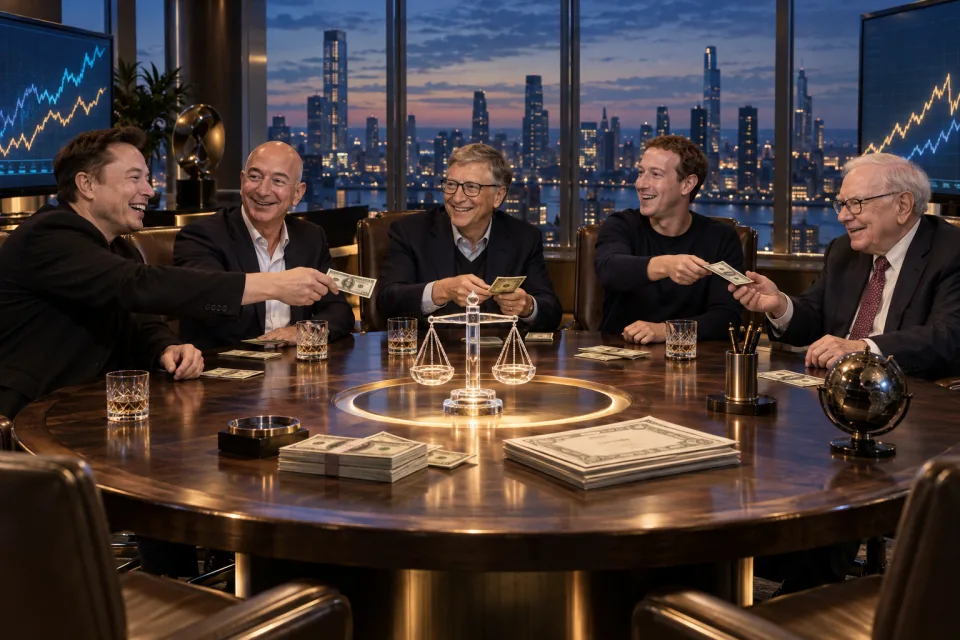 Fictional editorial composite of Elon Musk, Jeff Bezos, Bill Gates, Mark Zuckerberg, and Warren Buffett around a boardroom table with money and a balance scale