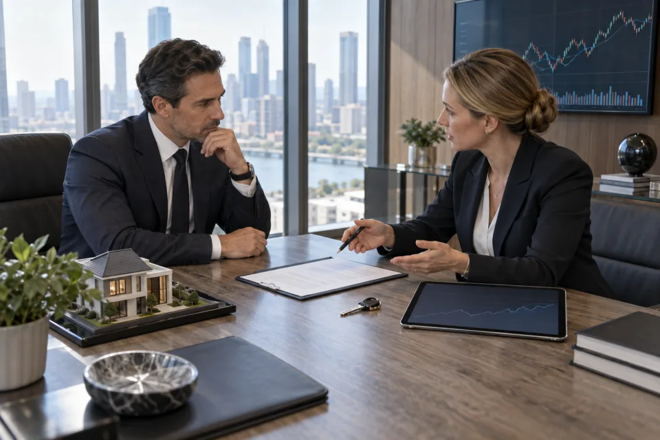 Entrepreneur and private-bank adviser discussing a generic collateralized loan agreement beside a portfolio chart