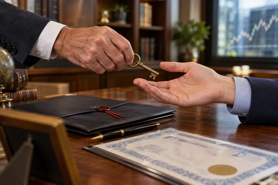 Two generations passing a key above estate-planning documents and a generic investment certificate