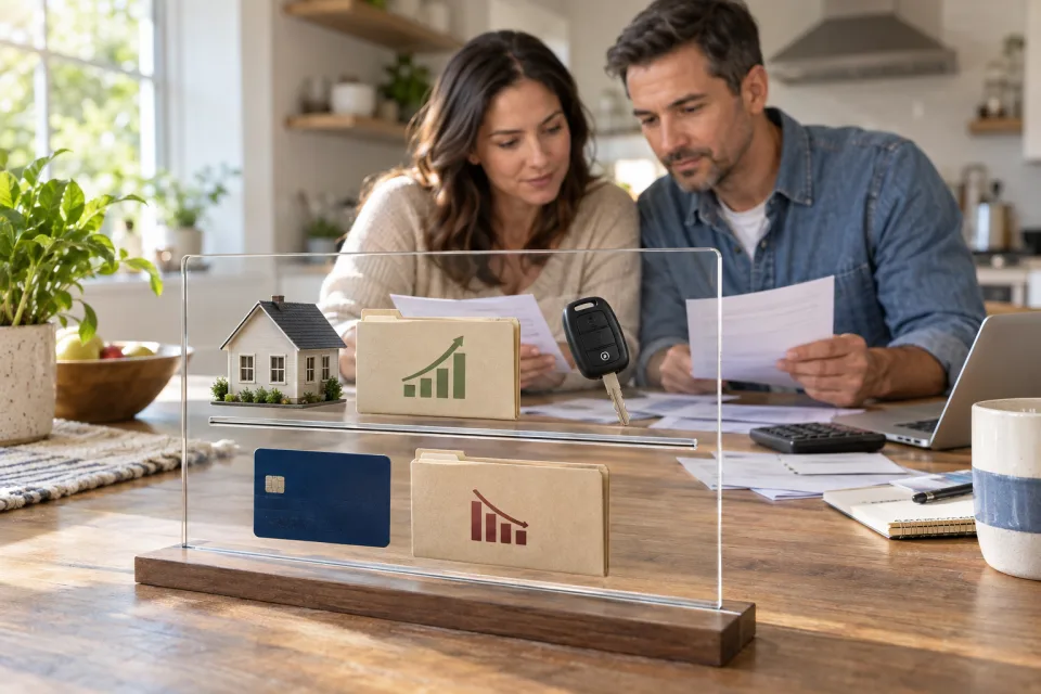 Household reviewing bills while a transparent display separates a home and investments from a credit card and loan folder
