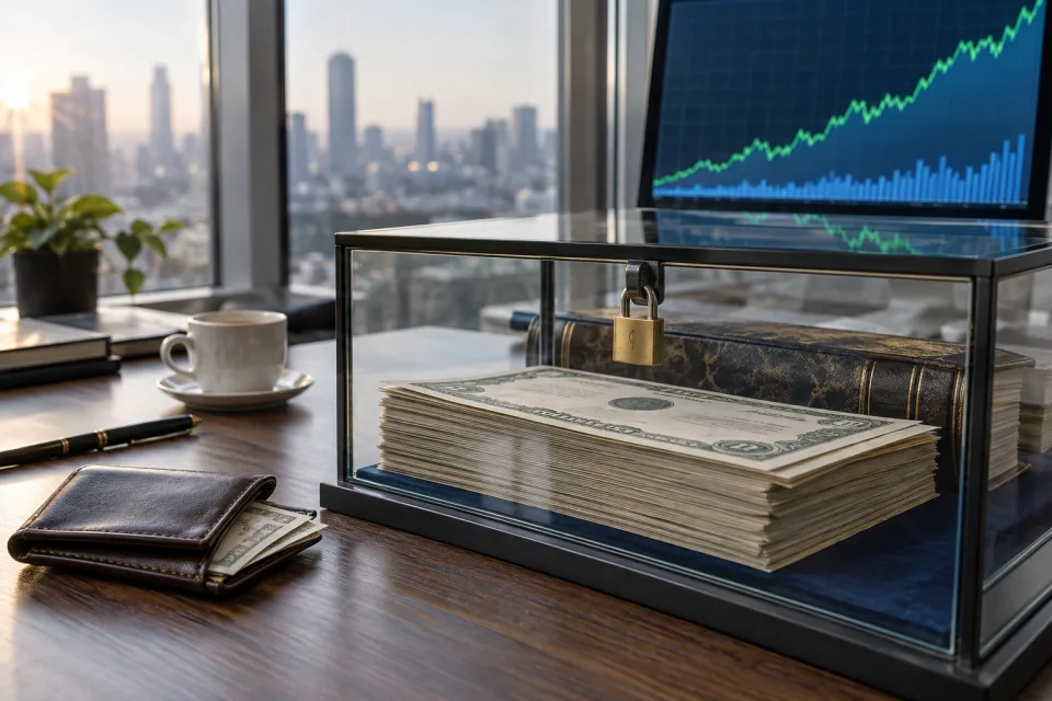Rising market chart behind a locked glass case holding generic investment certificates and a small wallet outside it