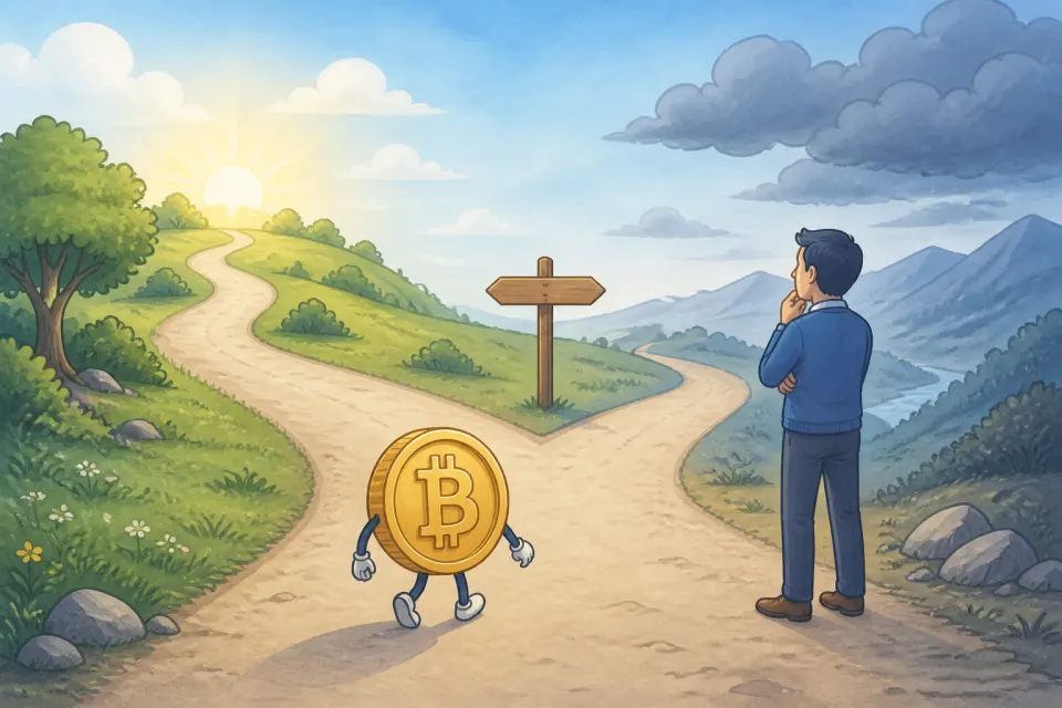 Cartoon Bitcoin coin at a fork between an upward sunlit path and a downward cloudy path as an investor observes