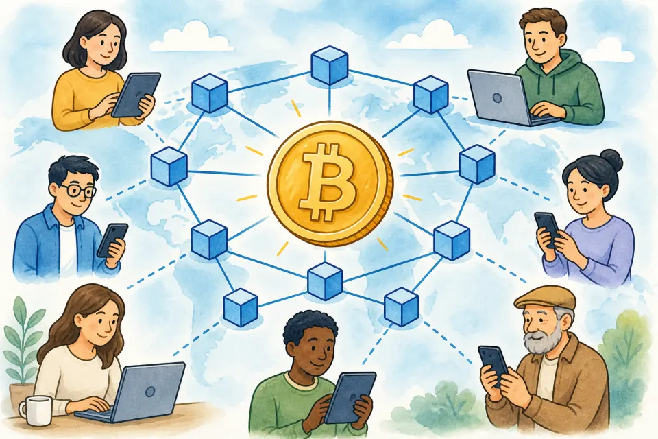 Cartoon illustration of a Bitcoin coin at the center of a global network of connected blocks and people