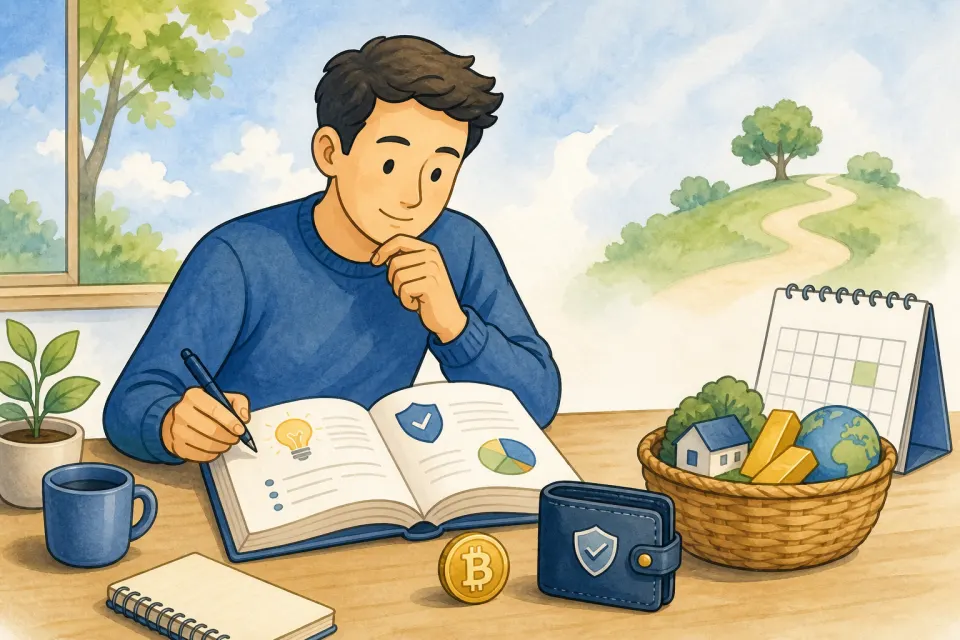 Cartoon investor studying an investment guide beside a Bitcoin coin, secure wallet, calendar, and diversified basket