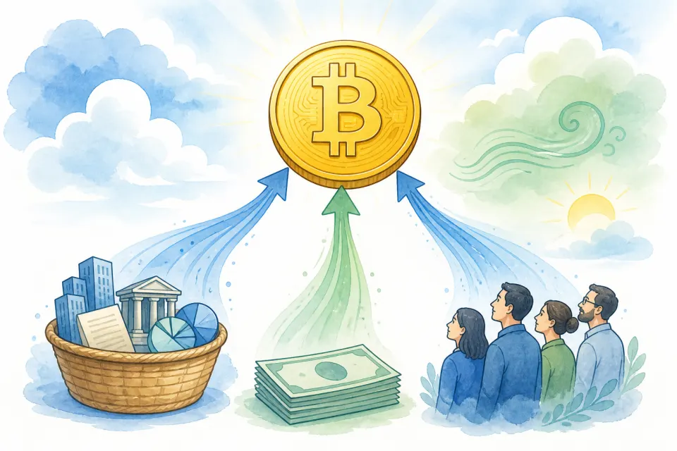 Cartoon illustration of investment flows, institutional interest, currency concerns, and a Bitcoin coin