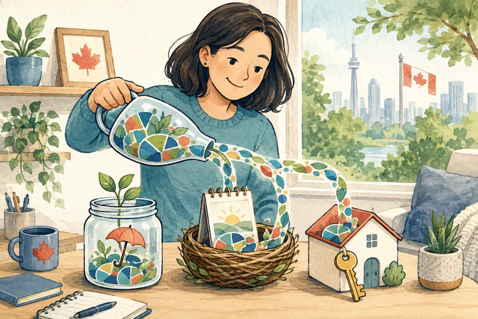 Canadian investor organizing diversified investments around savings, retirement and home-buying goals