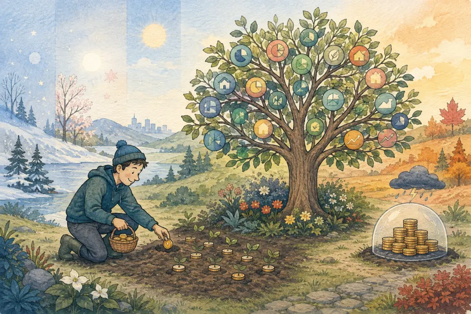 Investor consistently planting small contributions that grow into a diverse long-term investment tree