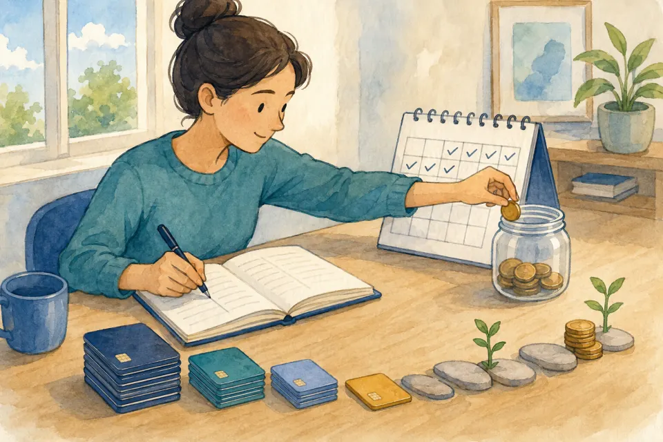 Person organizes cards, budget notebook, calendar, and emergency savings jar into a steady debt payoff plan