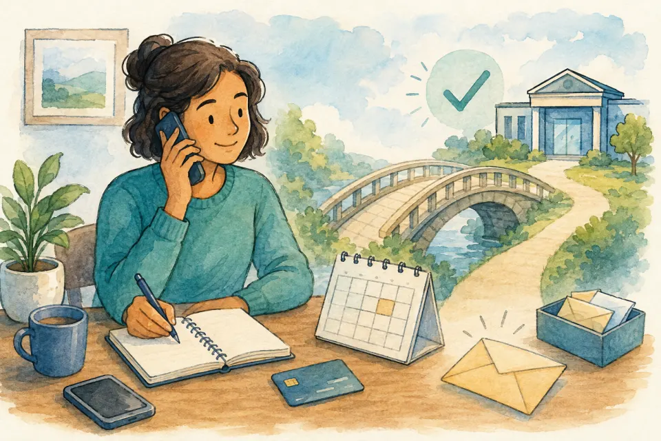 Person makes an early support call while using a calendar and notebook to plan around a credit card payment