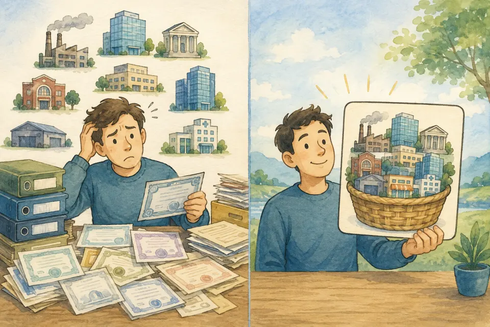 Investor comparing many separate investment certificates with one simple basket-style fund