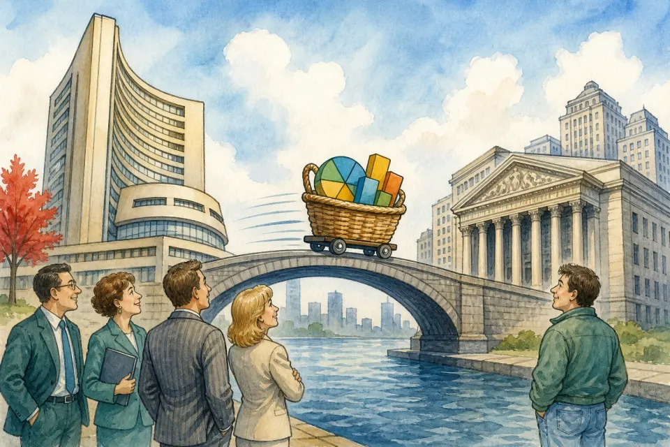 Early 1990s market professionals and an everyday investor watch an index basket cross a bridge from a Canadian exchange to a United States exchange