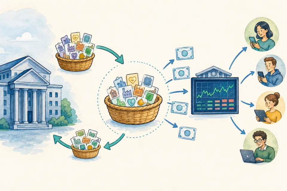 Institution exchanges a basket of assets for ETF shares that flow through a market to individual investors