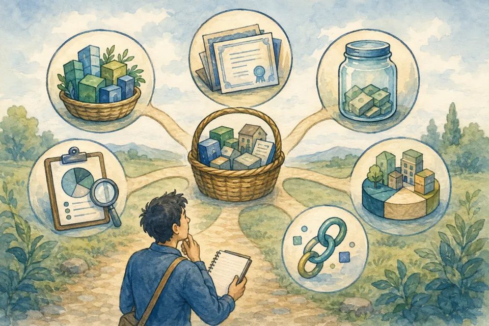 Curious investor studies a central ETF basket branching into stock, bond, cash, managed, balanced-portfolio, and digital-asset choices