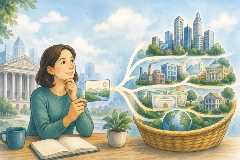 Everyday investor holding one simple investment card connected to a broad basket of companies, bonds, and global markets