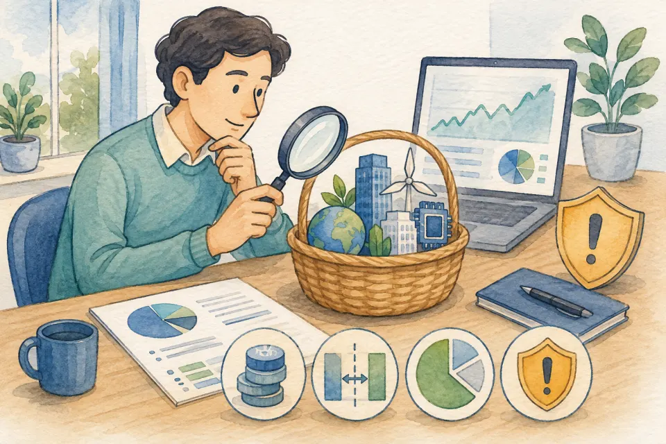 Thoughtful investor uses a magnifying glass to inspect a fund basket, fee symbol, trading spread, narrow sector basket, and caution shield
