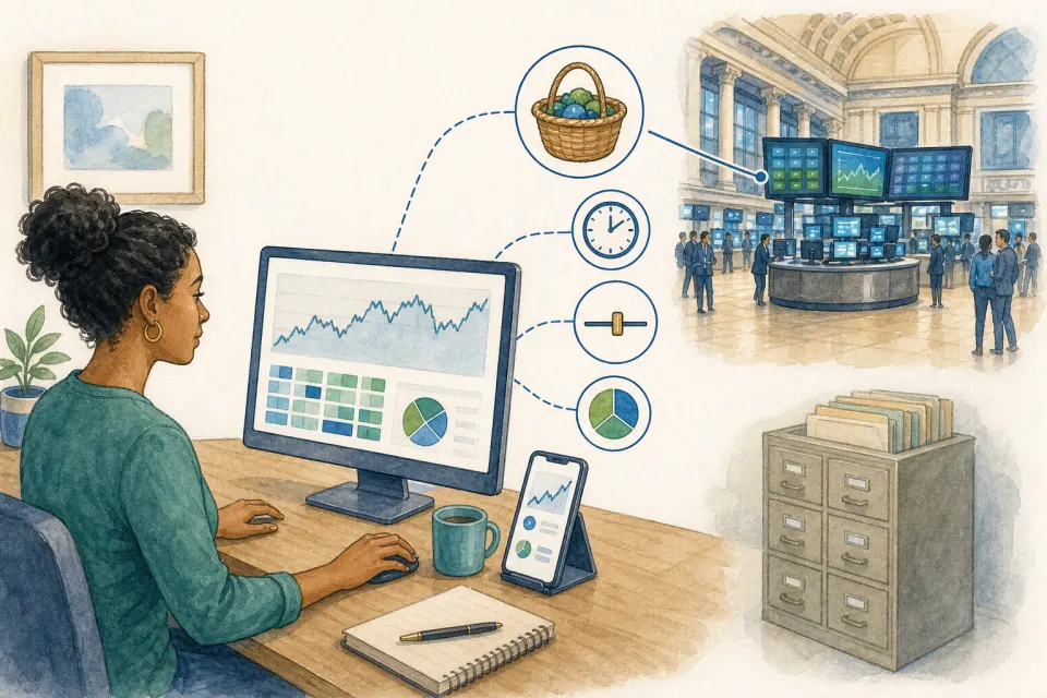 Everyday investor using a generic computer and phone connected to an exchange marketplace and a diversified fund basket