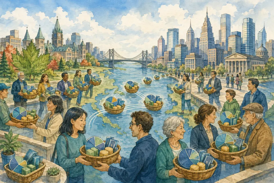 Two connected North American market districts with many ETF baskets moving between diverse investors and broad asset types