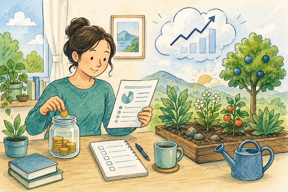 Person calmly reviewing a budget, building emergency savings, checking a debt plan, and tending a balanced investment garden