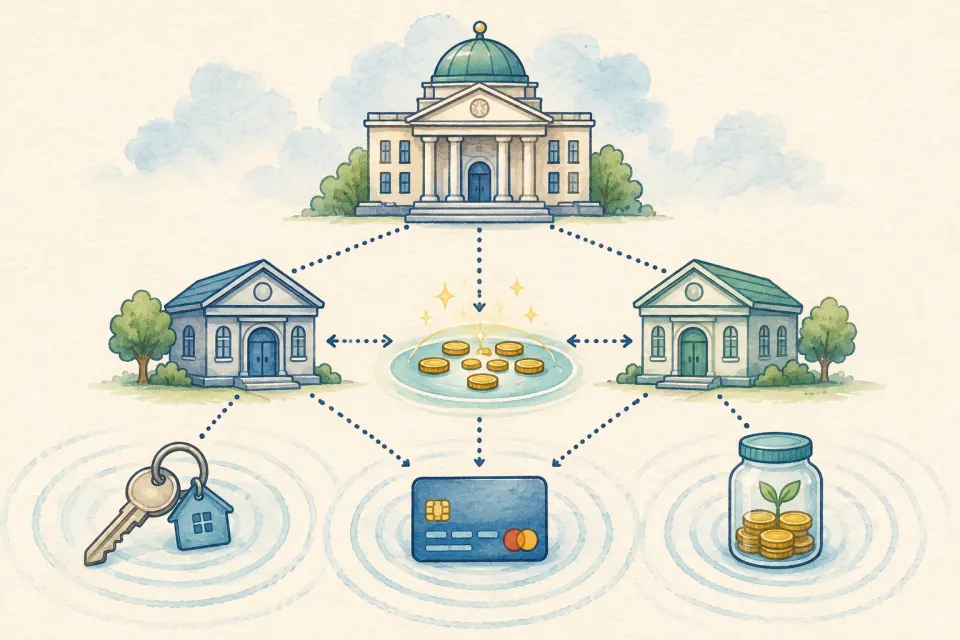 Generic central bank and local banks exchanging reserve balances, with effects rippling to a home key, credit card, and savings jar