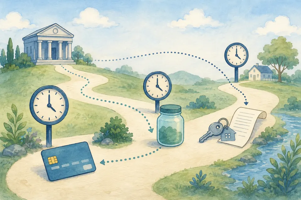 A winding path from a generic central bank through clocks to a credit card, savings jar, and home key, showing that rate effects move at different speeds