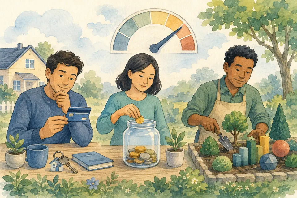Borrower reviewing a credit card and home key, saver adding to a jar, and investor tending a diversified investment garden