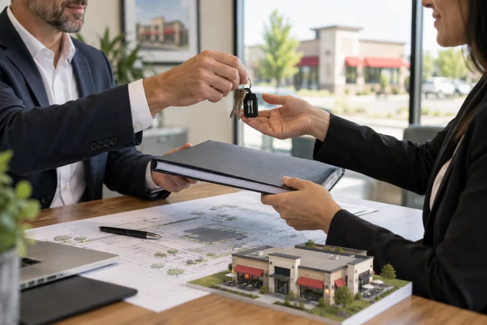 Commercial franchise agreement and property keys beside a restaurant building model
