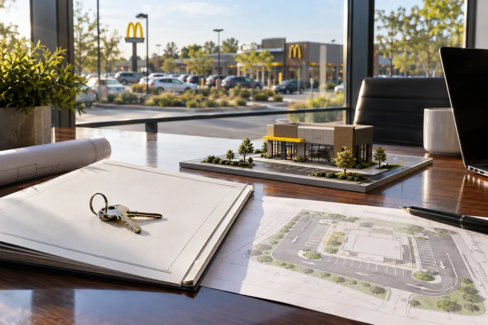 Commercial property lease, building keys, site plan, and restaurant model on a desk