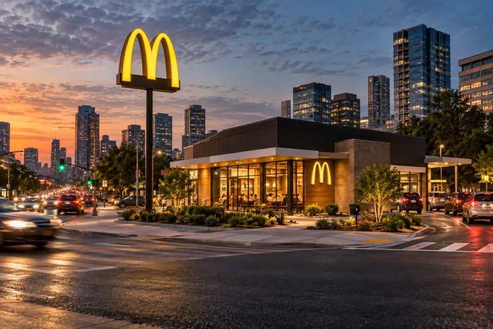 McDonald’s restaurant on a prominent city corner with the Golden Arches sign visible at dusk