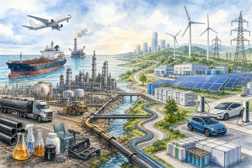 Cartoon energy landscape with oil tankers, refineries, airplanes, trucks, solar panels, wind turbines, batteries, and electric vehicles