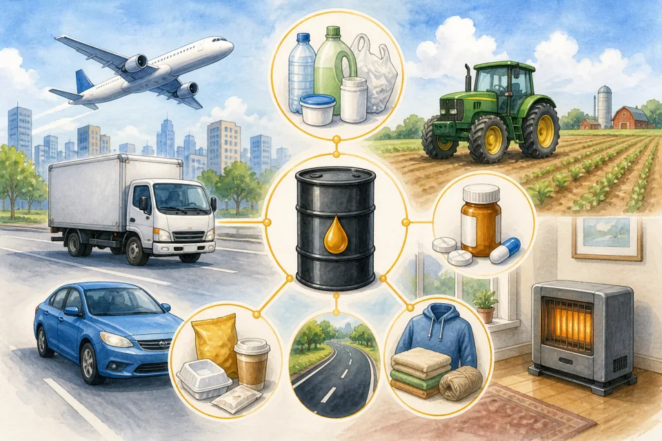 Cartoon oil barrel connected to a plane, truck, car, tractor, heater, road, medicine, clothing, and plastic products