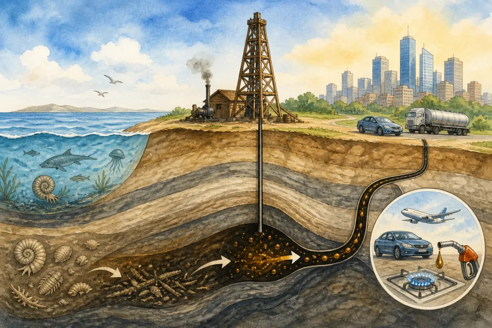 Cartoon cutaway showing ancient sea life buried underground, an early oil derrick, and a modern city