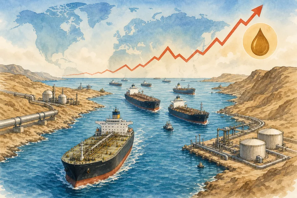 Cartoon oil tankers moving through a narrow sea passage while a price line rises above the water