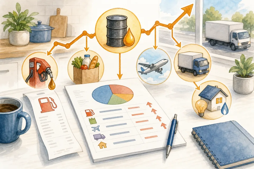 Cartoon household budget table connected to a gas pump, groceries, airplane, delivery truck, utility bill, and rising oil price line