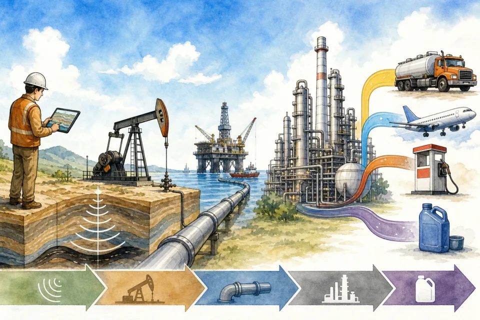 Cartoon illustration of oil exploration, pumpjacks, an offshore platform, pipelines, a refinery, and finished fuel products