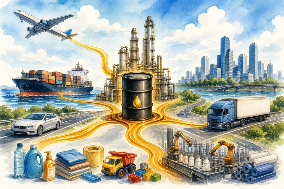 Cartoon illustration of oil powering trucks, planes, ships, factories, cities, and everyday products