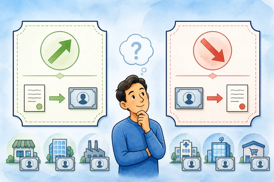 Simple split illustration of a call option with an upward arrow and a put option with a downward arrow
