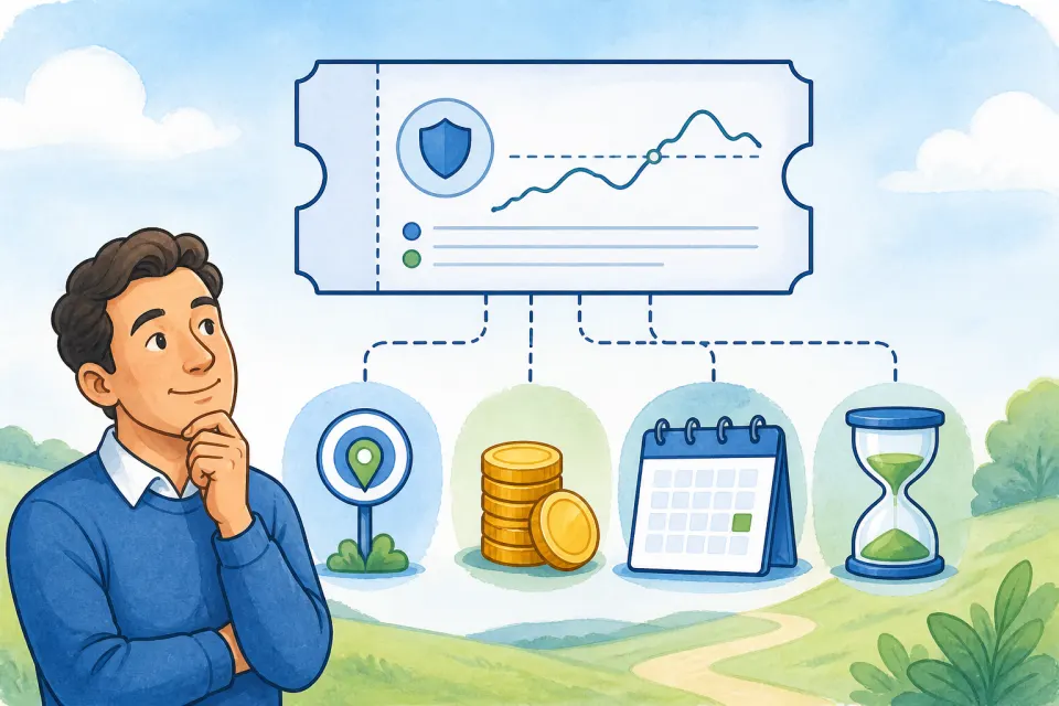 Option contract illustration connected to a price marker, coins, calendar, and hourglass