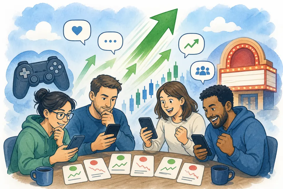 Retail investors studying phones and option cards with a game controller and movie-theatre symbol in the background