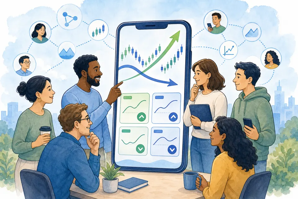 Everyday investors gathered around a phone showing simple market and option-contract illustrations