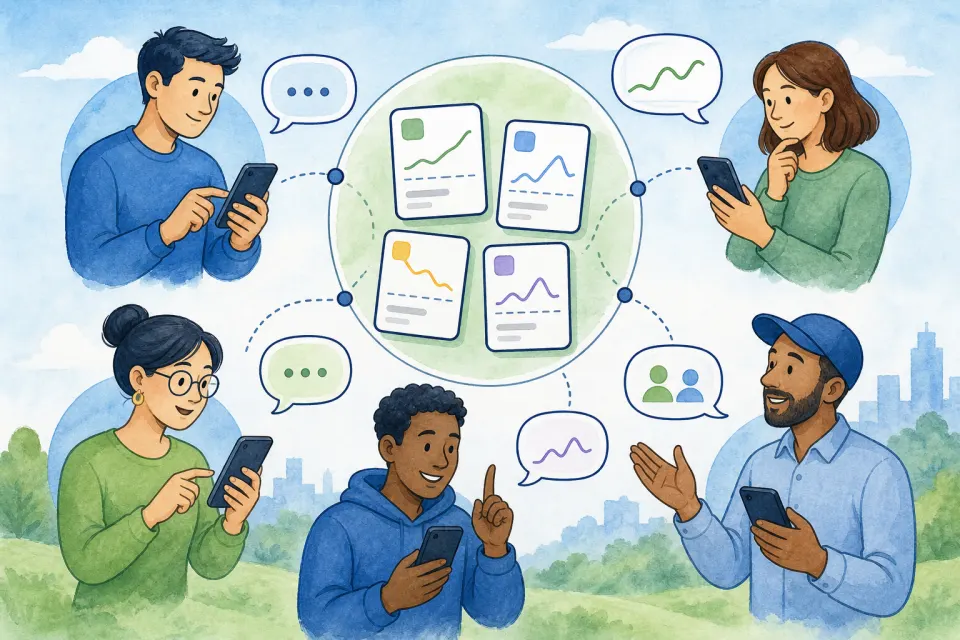 Everyday retail investors using generic mobile trading screens connected by option-contract cards and discussion bubbles