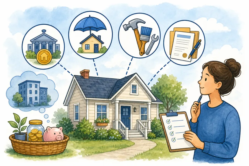 Home connected to icons for property tax, insurance, maintenance tools, and closing documents as an investor reviews a checklist