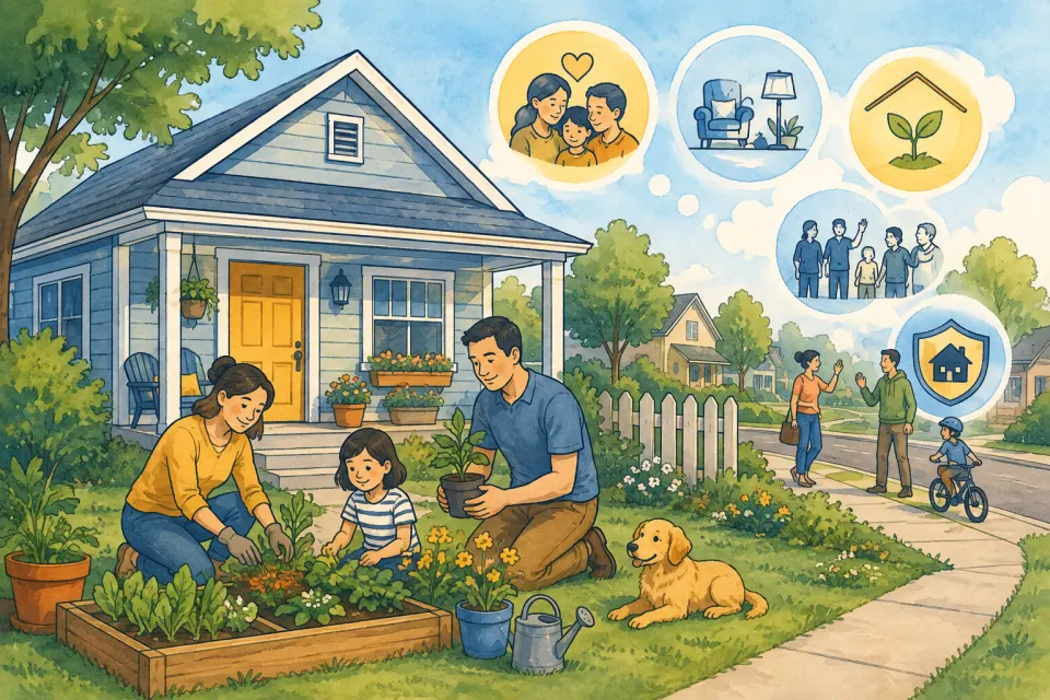 Family gardening outside a modest home with symbols of community, comfort, control and security