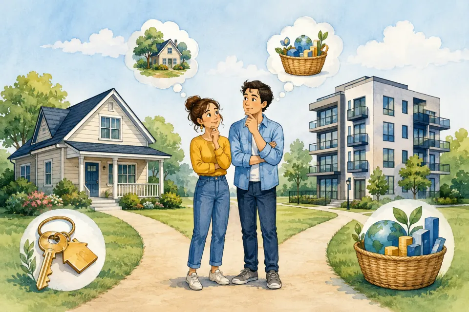 Couple comparing a home and rental apartment while considering a diversified investment basket