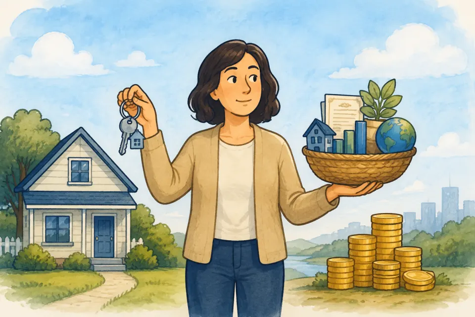 Person weighing house keys against a diversified investment basket beside savings coins