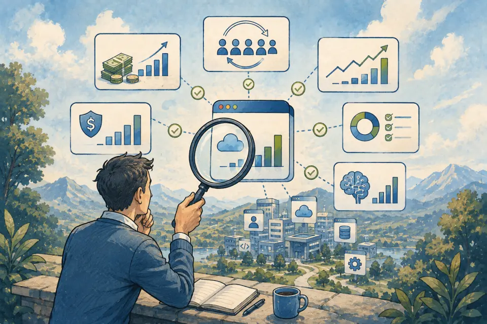 Investor examining software business metrics, customer retention, security, and AI growth through a magnifying glass