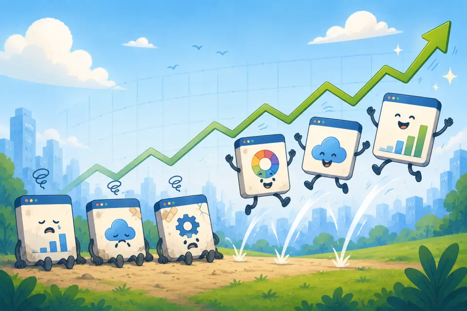 Illustration of software products recovering as a green market line rises