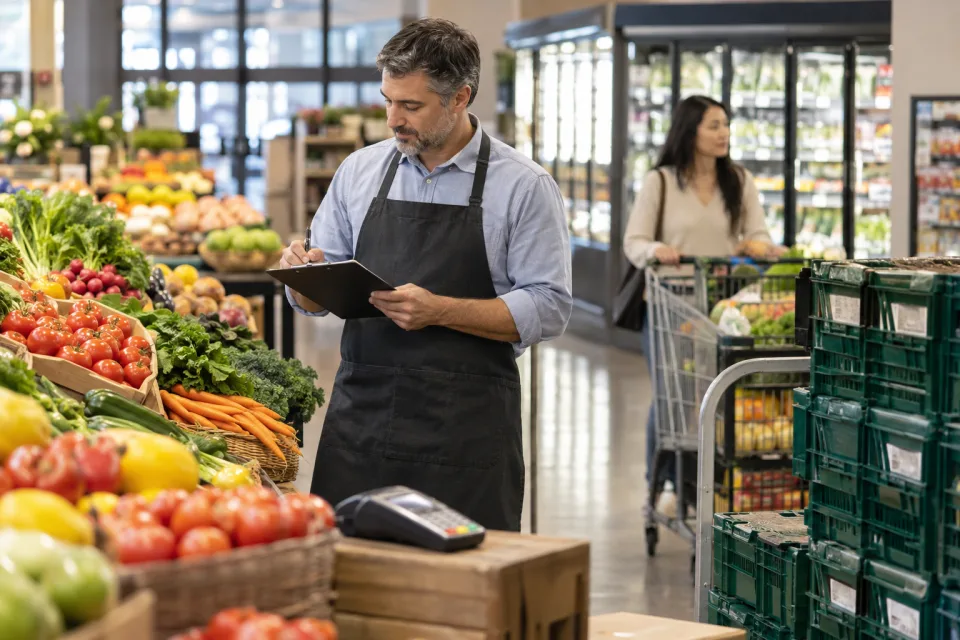 Grocery store manager checking produce inventory with delivery crates and a shopper in the background