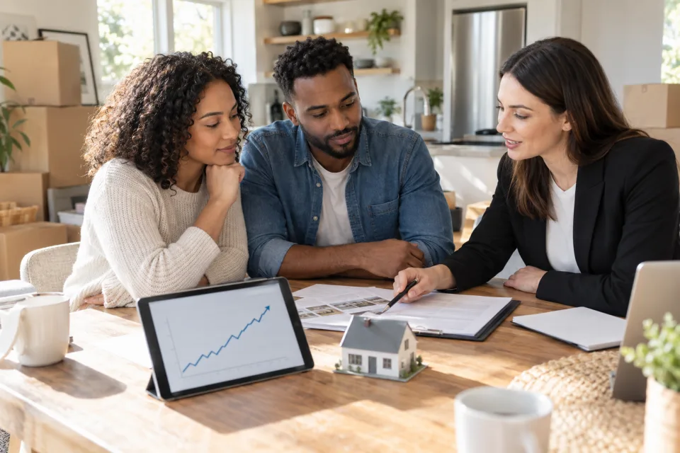 Couple and mortgage adviser reviewing a home purchase beside a small model house and rising rate chart