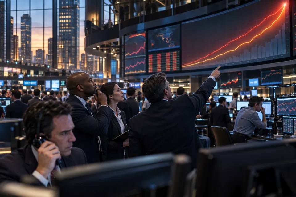 Fictional New York trading floor as traders watch long-term Treasury yield charts rise