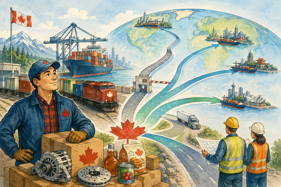 Canadian exporter opening new shipping routes from Canada to diverse global markets while the United States route remains important but faces a border barrier